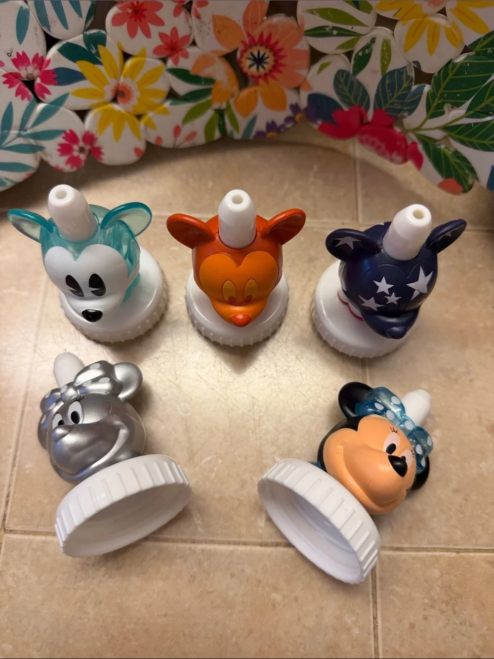 Mickey and Minnie Mouse character drink bottle toppers by good2grow Set of 5